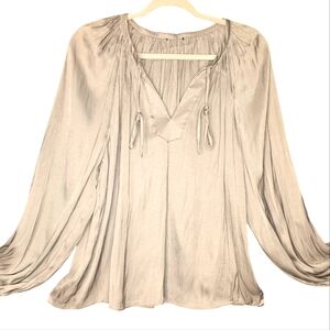Anthropologie Current Air Split Neck Long Sleeve Blouse Tie Flowy Taupe Top M